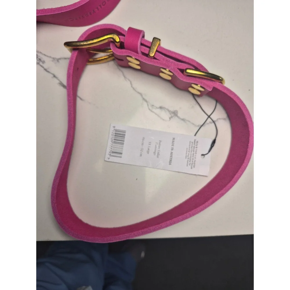 Molly & Stitch Butter Leather Dog Collar Flamingo Pink Brass XXL Made in Austria